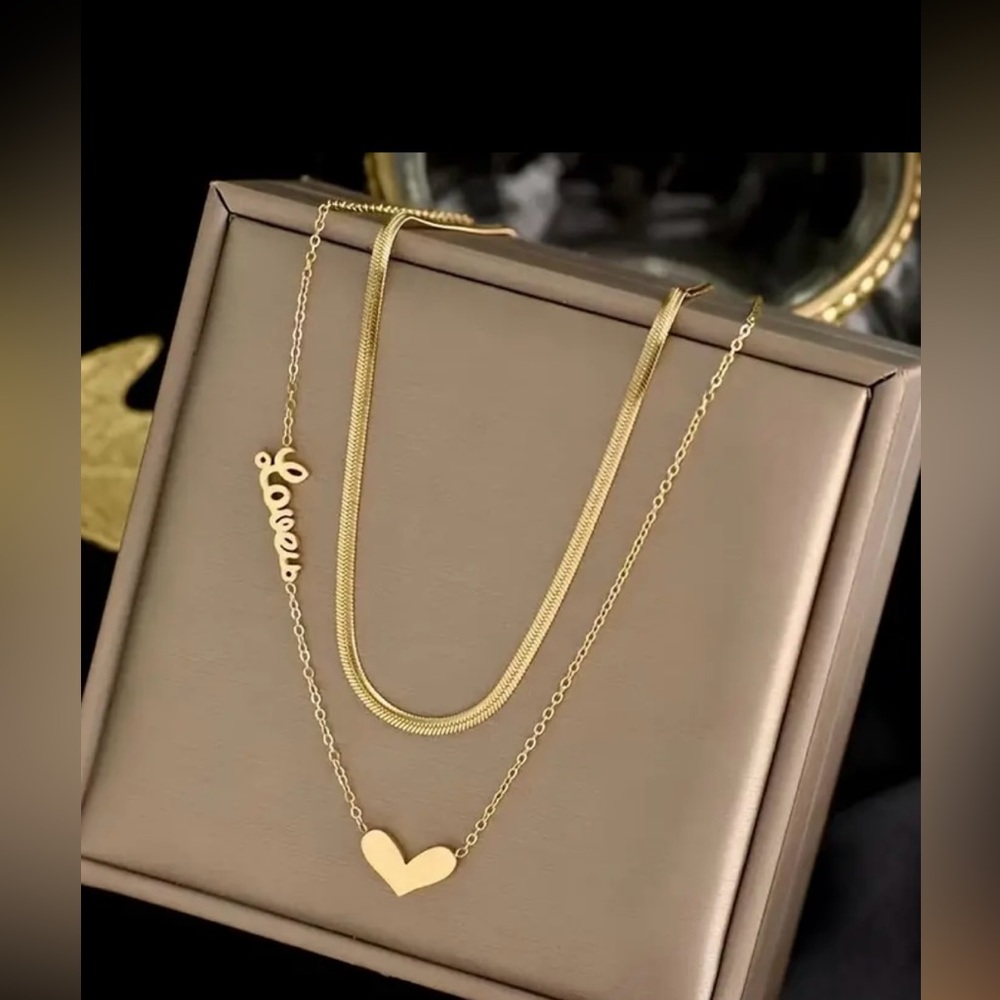 💥1pc Golden Stainless Steel Double Layered Chain, Heart Pendant Necklace